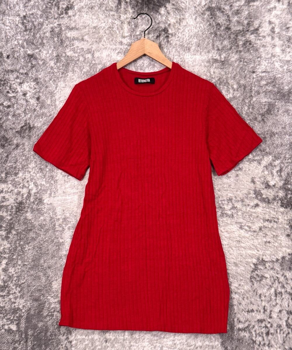 Reformation Dress XS Womens Red Linen Blend Ribbed Knit Micro Mini